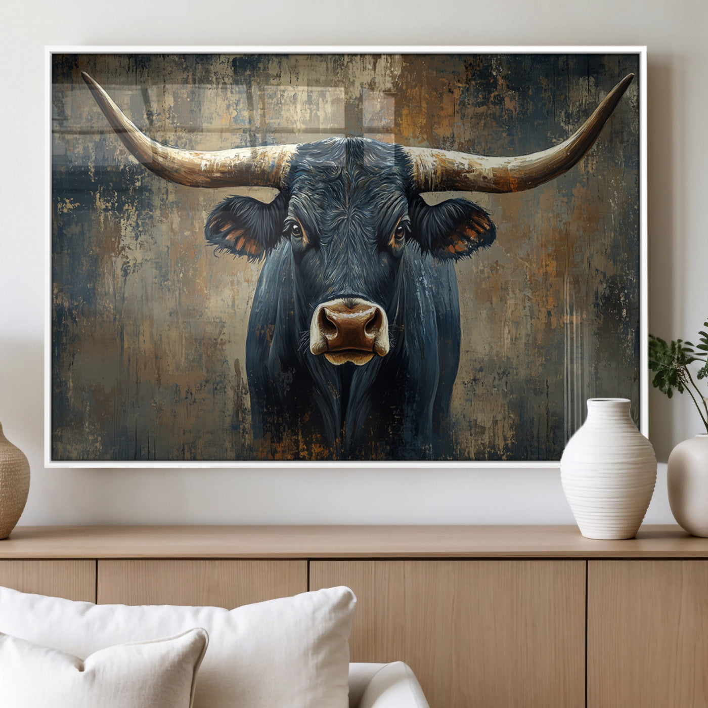 MGV-FP-60X30-3P - Texas Western Wall Art Canvas Print - Abstract Cow Longhorn Bull Wall Art Canvas Print - Rustic Cow