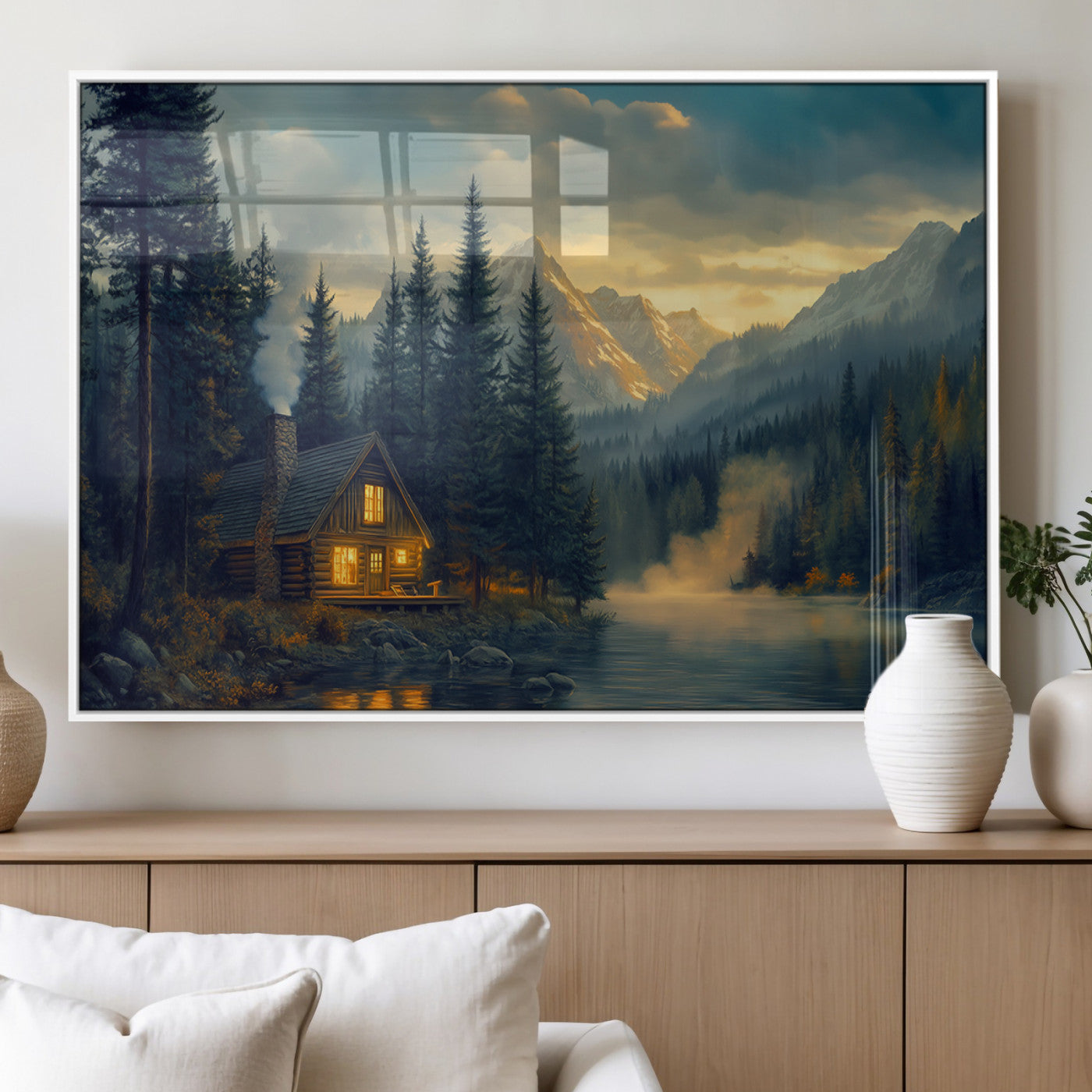 MGV-FP-60X30-3P - Mountain Cabin by the Lake at Sunset Wall Art - Serene Nature Canvas Print for Living Room Decor,