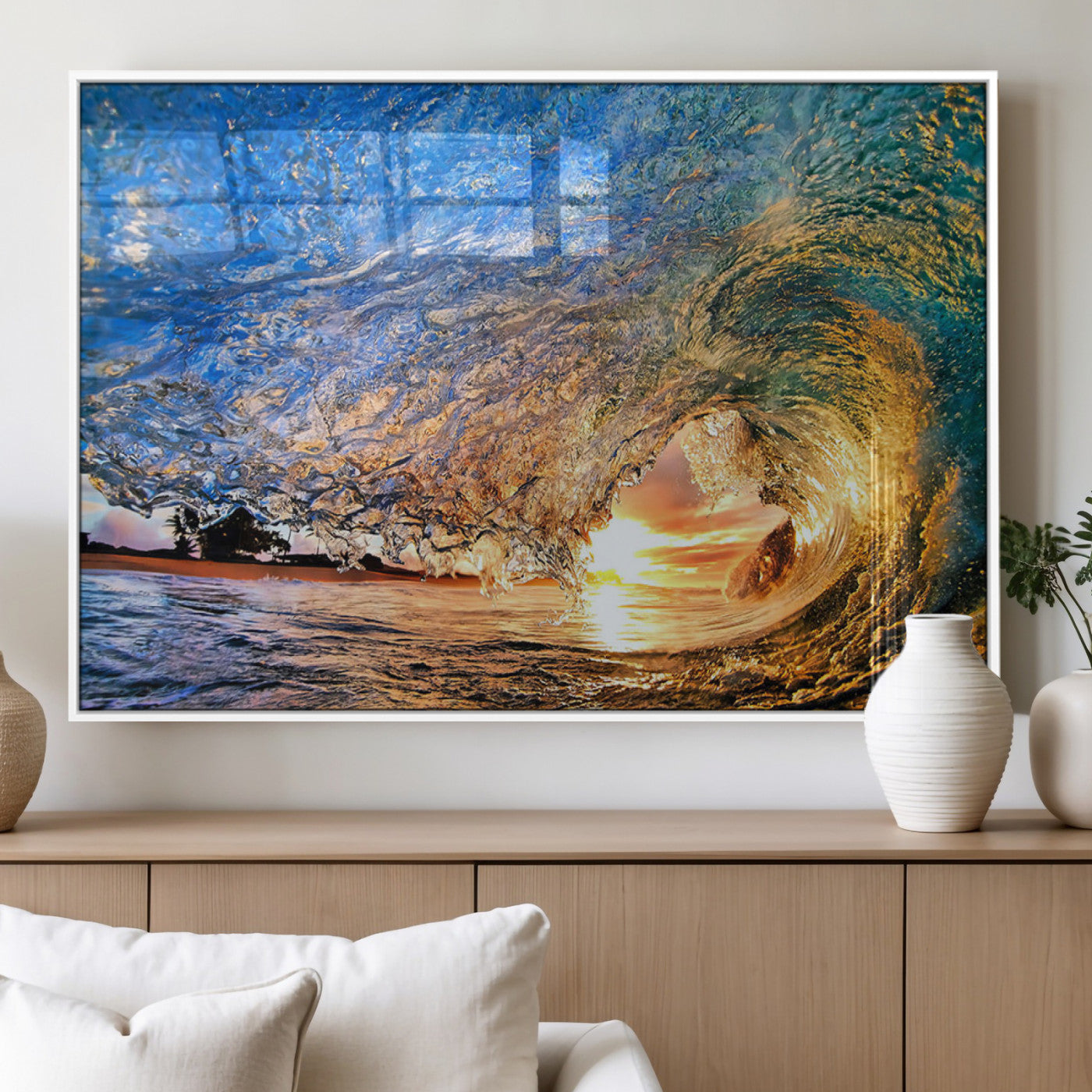 MGV-FP-60X30-3P - Ocean Wave at Sunset Canvas Wall Art – Vibrant Coastal Beach Waves Print, Large Nautical Decor,