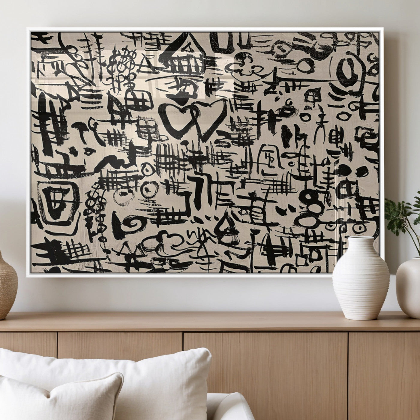 68273-MGV-FP-36X24 - Abstract Love and Chaos Canvas Print, Black Symbols on Beige