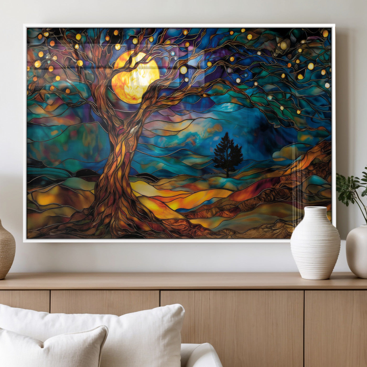 MGV-FP-36X24-3P - Tree of Life Wall Art - Yggdrasil Tree of Life Canvas Print - Vibrant Moonlit Tree Wall Art,  Tree
