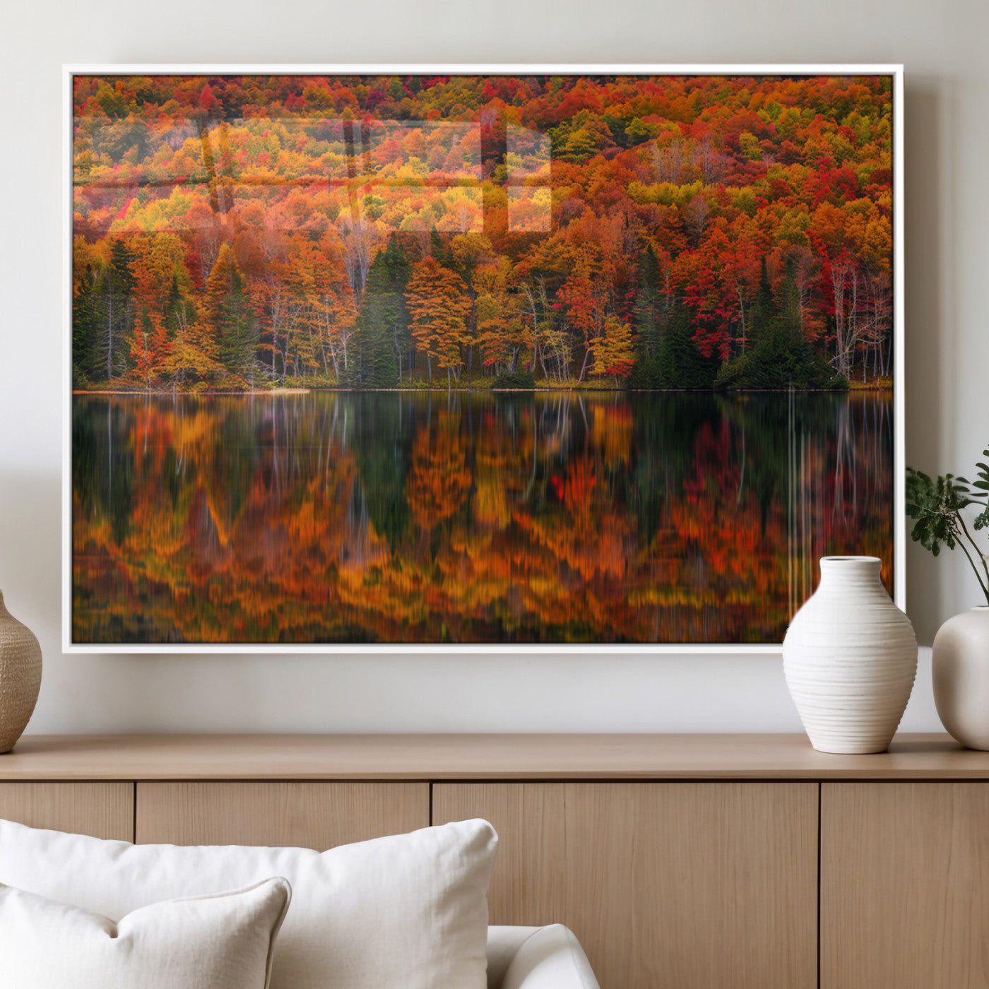 MGV-FP-60X30-3P - Fall Foliage Wall Art - Autumn Reflection Canvas Print, Stunning Fall Foliage Wall Art, Serene Lake