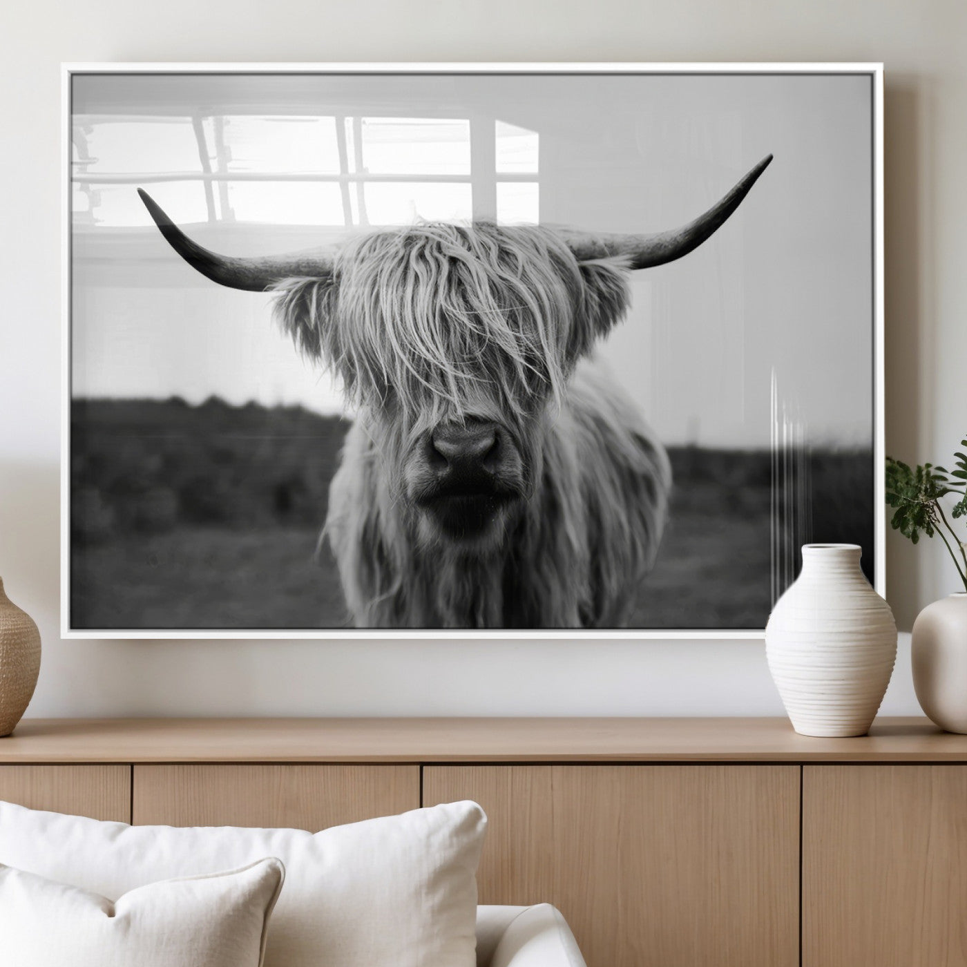 MGV-FP-60X30-3P - Highland Cow Wall Art | Black and White Farmhouse Decor | Triptych Canvas Print | Rustic Barn Decor