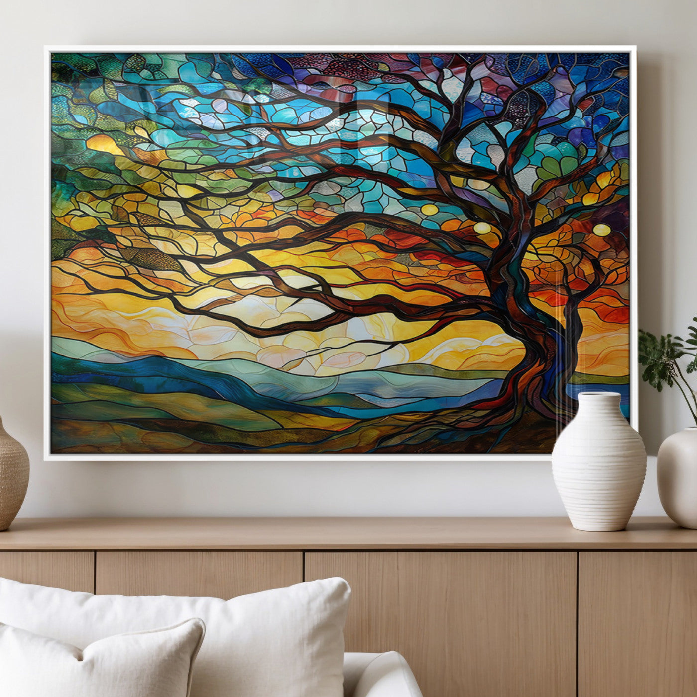 MGV-FP-60X30-3P - Vibrant Mosaic Tree of Life Wall Art | Stained Glass Style Canvas Print | Ready to Hang Artistic