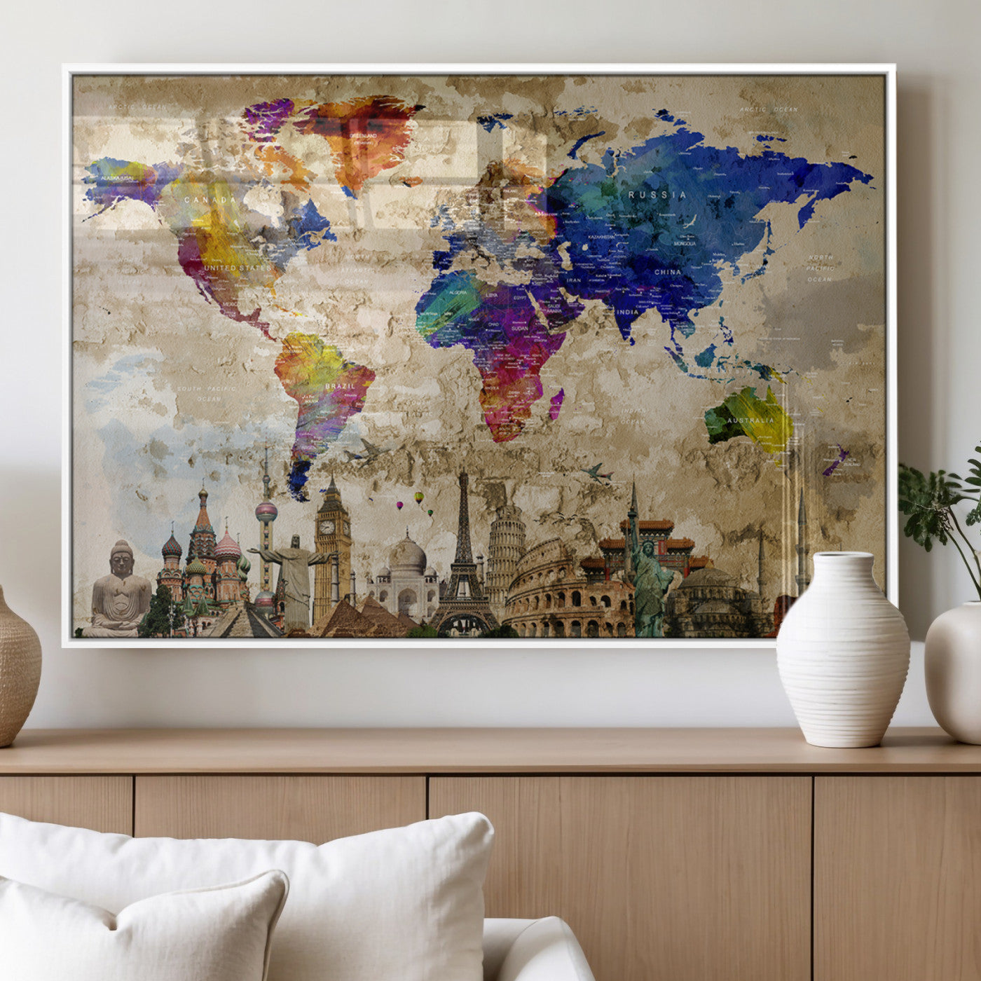 MGV-FP-60X30-3P - Push Pin World Map Canvas Print – Framed Wall Art for Couples to Track Their Travels – Anniversary