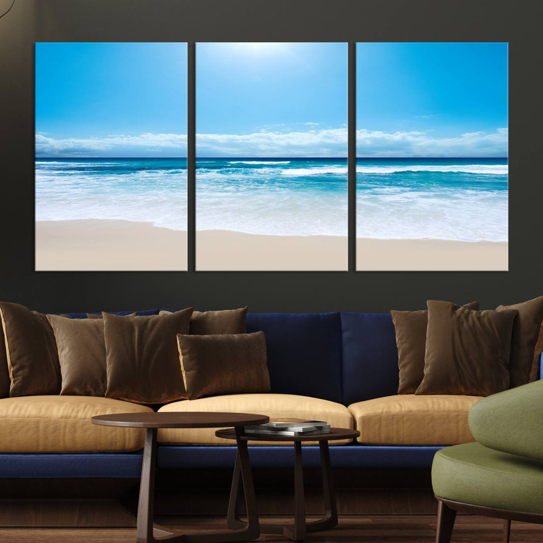 Lienzo decorativo para pared grande con estampado de mar y playa azul brillante