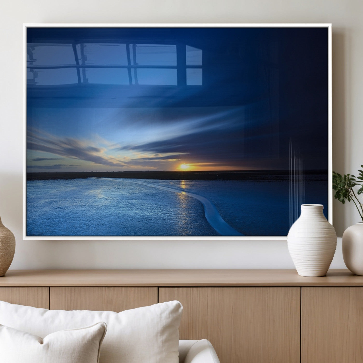 MGV-FP-36X24-3P - Blue Sunset Ocean Canvas Wall Art Print – Serene Coastal Horizon Wall Decor for Home or Office –