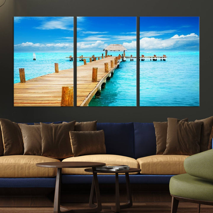 Tropical Pier Triptych Wall Art, Stunning Turquoise Ocean and Wooden Dock Canvas Print, Coastal Beach House Decor, Ocean View Canvas Art