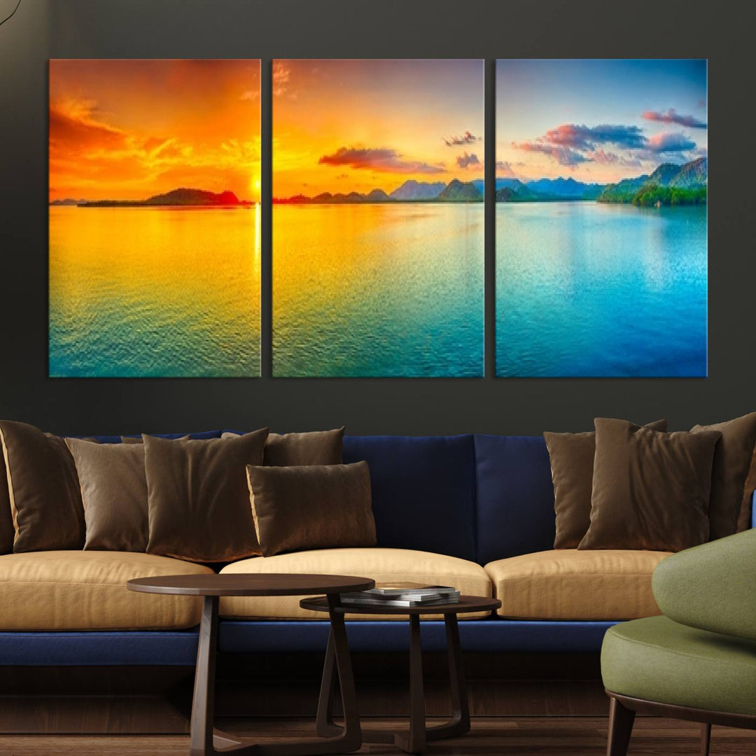 Wall Art Canvas Print Colorful Sunset Sea and Mountain Artwork