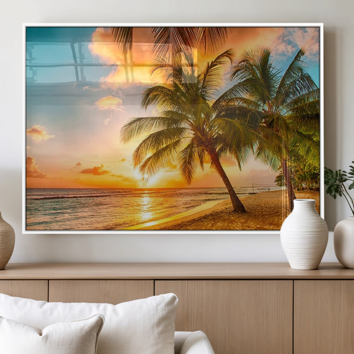 MGV-FP-36X24-3P - Tropical Sunset Beach Canvas Wall Art Print – Vibrant Palm Trees and Coastal Sunset Wall Decor for