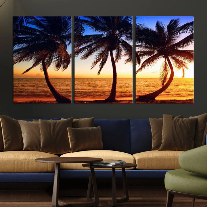 The living room features a wall adorned with the "Wall Art Canvas Curve Palms at Sunset on Beach," showcasing gallery-wrapped, museum-quality canvases in a stunning triptych.