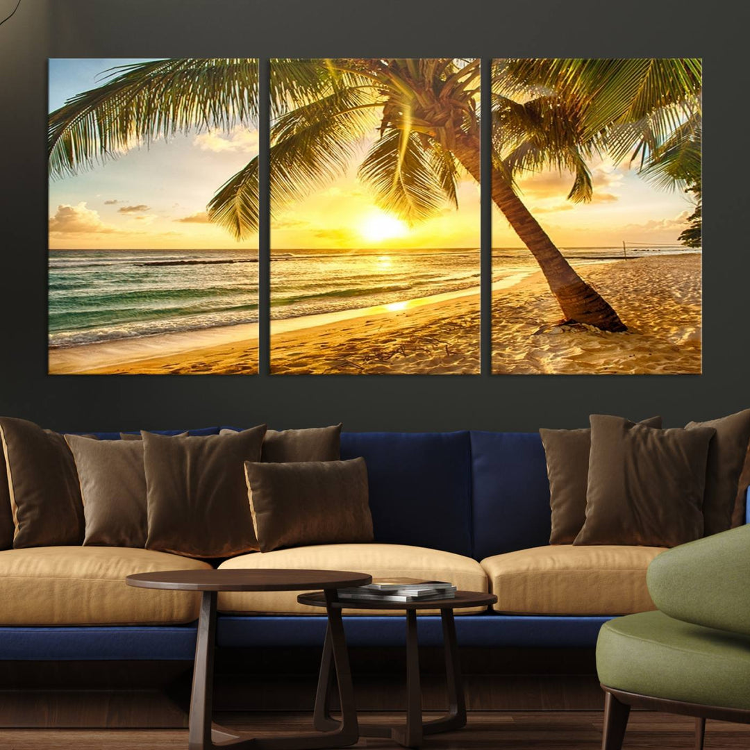 Wall Art Canvas Print Palm on Beach at Bright Sunset