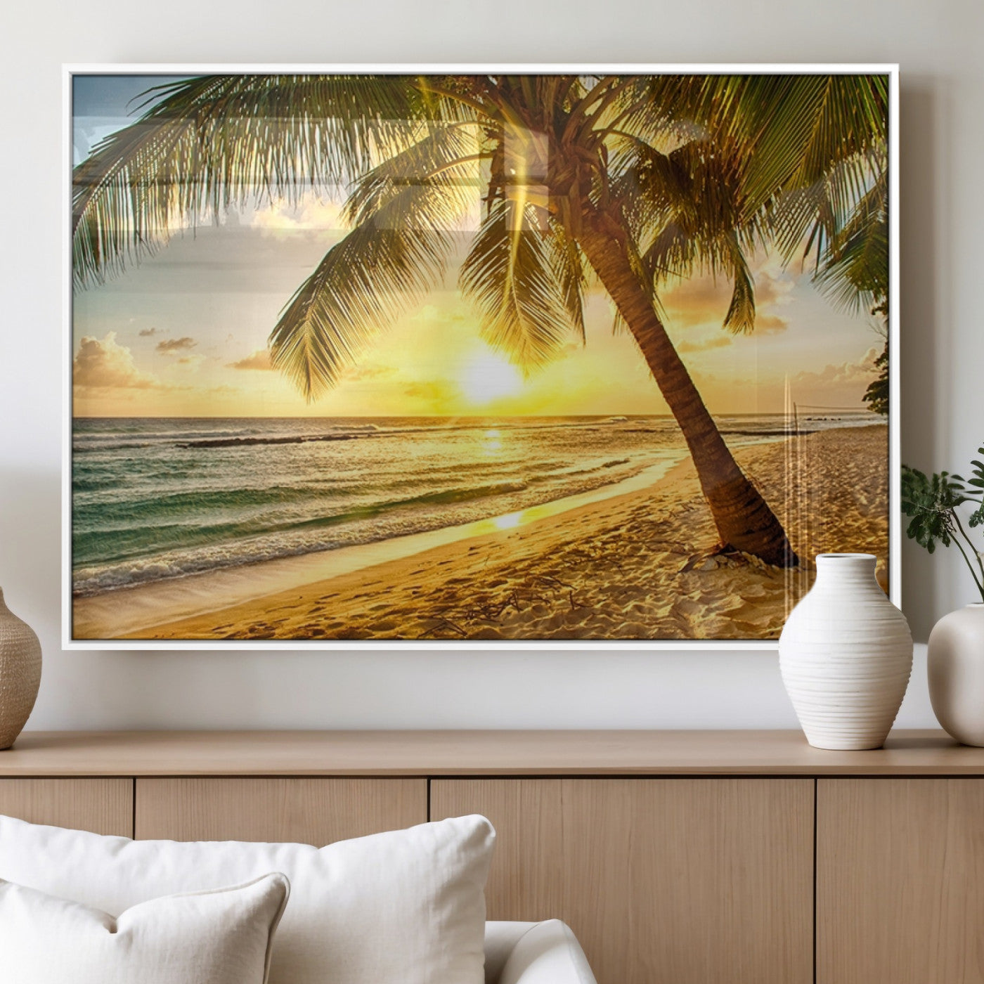 MGV-FP-36X24-3P - Beach Sunset Canvas Wall Art Print - Tropical Beach Canvas Wall Art Print – Vibrant Palm Trees and