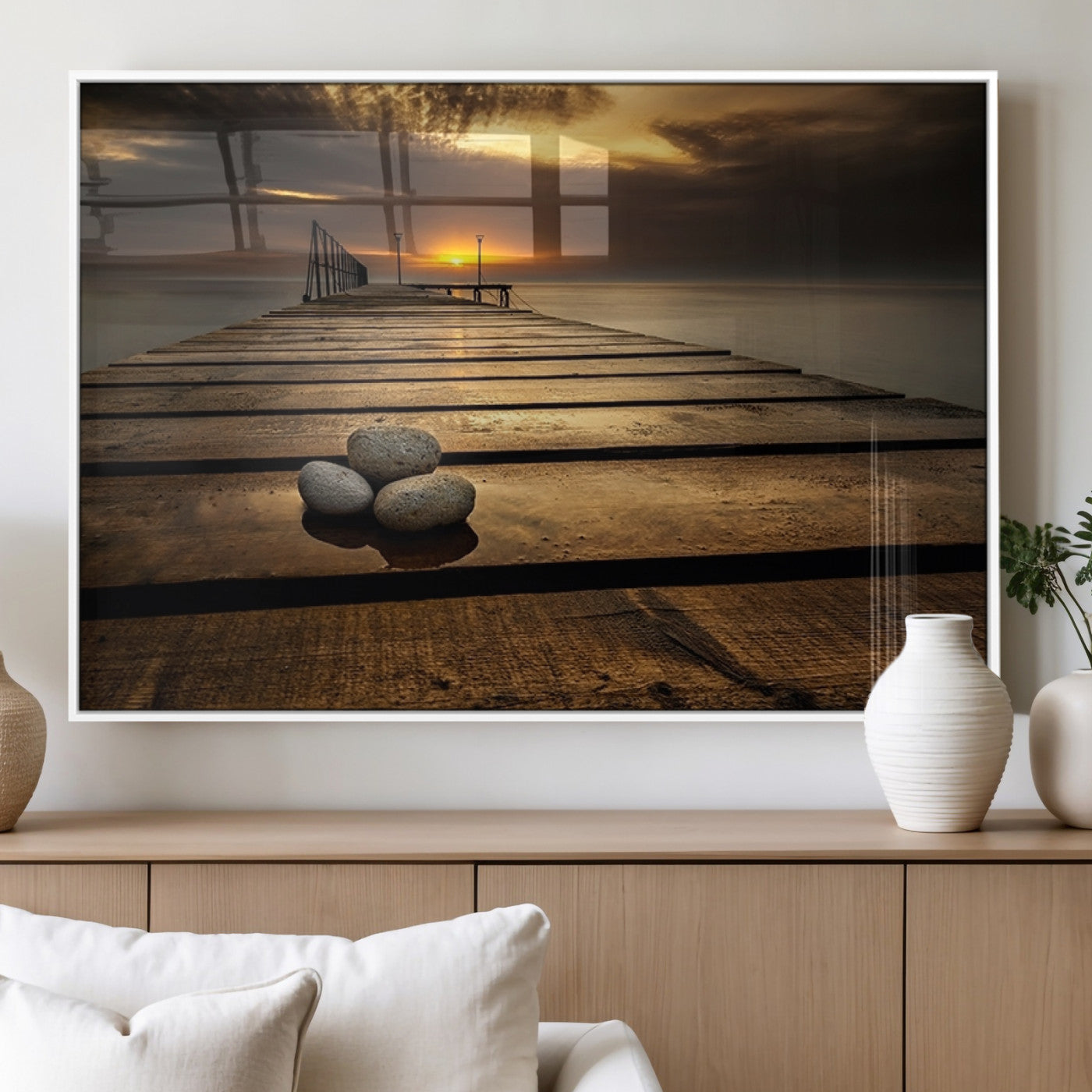 MGV-FP-36X24-3P - Stones on Wooden Pier at Sunset Canvas Print, Serene Coastal Wall Art, Beach Sunset Photography,