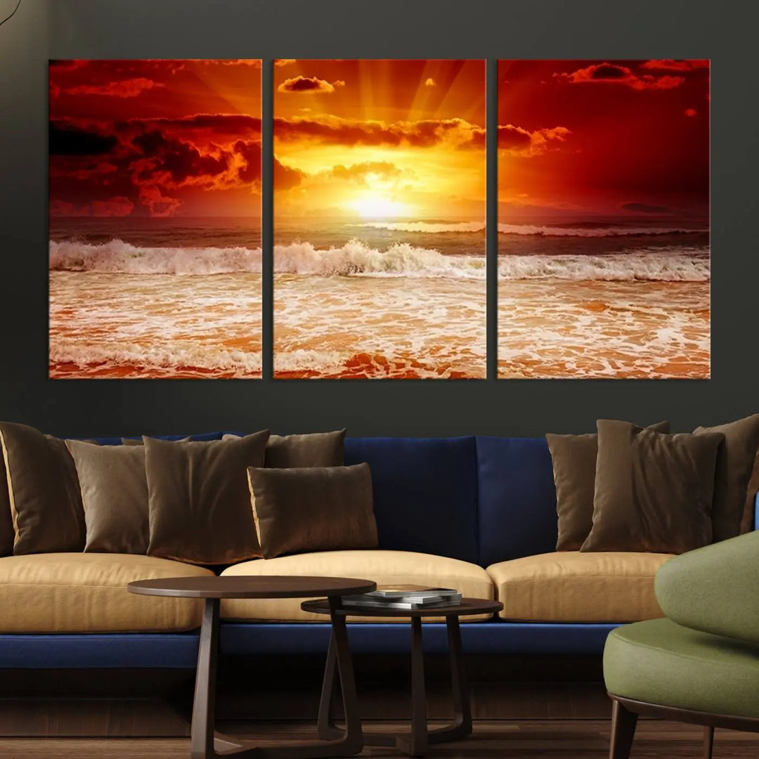 In a modern living room, the vibrant "Wall Art Canvas Perfect Sunset Turns Colour of Sea and Sky to Red," printed on museum-quality canvas, stands out. A floor lamp casts warm light over the ready-to-hang artwork, which includes a UV-protective coating to ensure lasting brilliance.