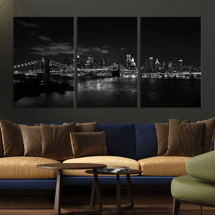 The "NEW YORK Canvas Prints Black and White Brooklyn Bridge Print" is a stunning triptych showcasing the iconic city skyline and bridge. Printed on museum-quality canvas with a UV-protective coating, it is ready to hang and instantly elevates your decor.