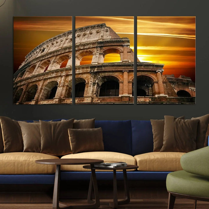 A three-panel canvas titled "Colosseum with Yellow Sunset Behind, Italy," protected with a UV-coating, is elegantly displayed.