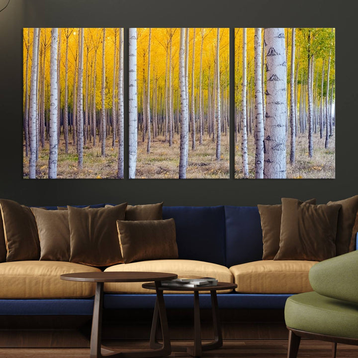 Impresión artística de pared con bosque de abedules en otoño