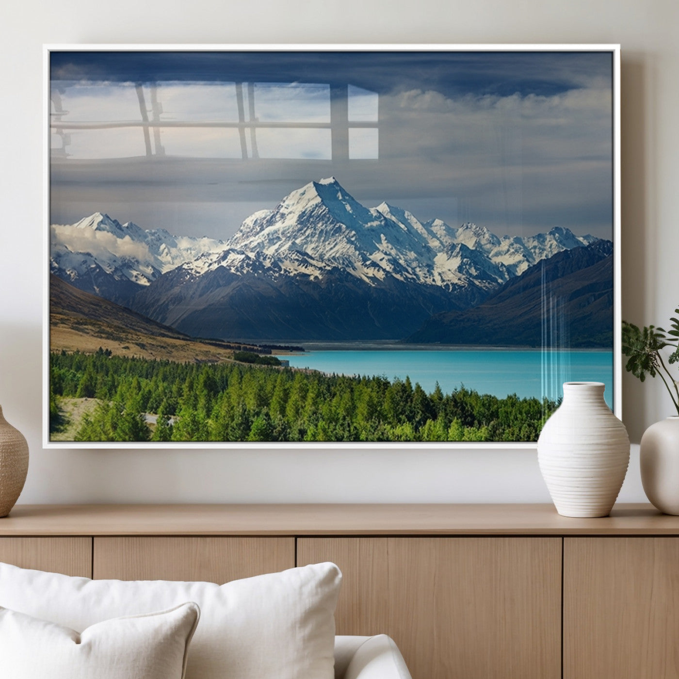 MGV-FP-36X24-3P - Mount Cook and Lake Pukaki Canvas Wall Art Print – Majestic Snow-Capped Peaks and Serene Lake Wall