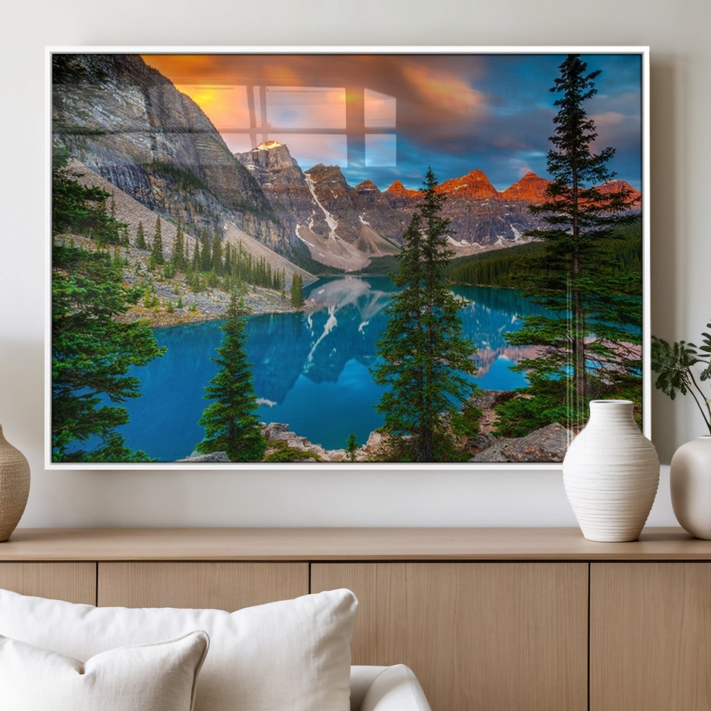 MGV-FP-60X30-3P - Canadian Rockies Moraine Lake Wall Art Canvas Print, Pine Trees Mountain Spring Canvas Print