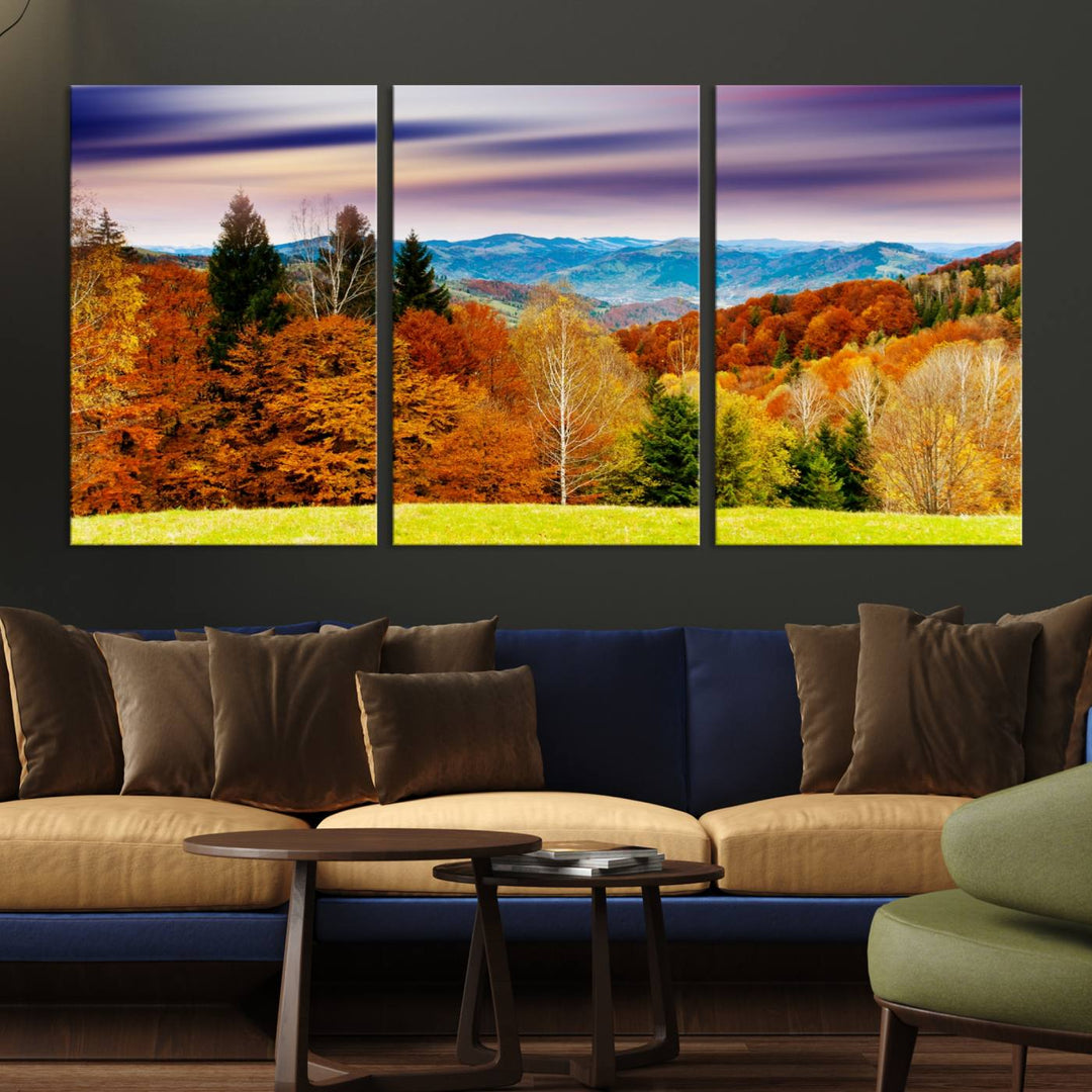 Autumn Colorful Forest Blue Mountains and Purple Sky at Sunset Wall Art Canvas Print