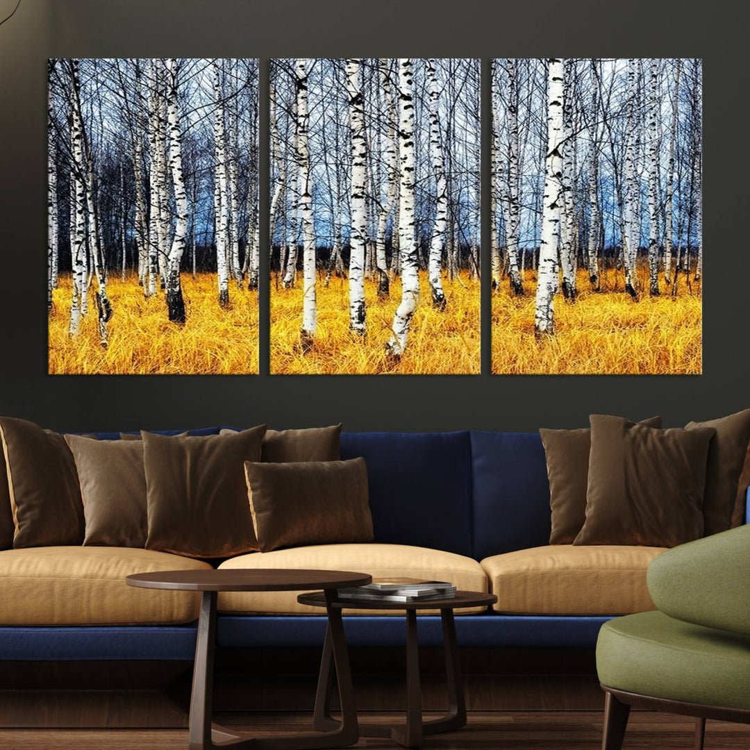 Birch Trees Wall Art Print, Wall Art Landscape Canvas Print Leafless Trees on Yellow Ground