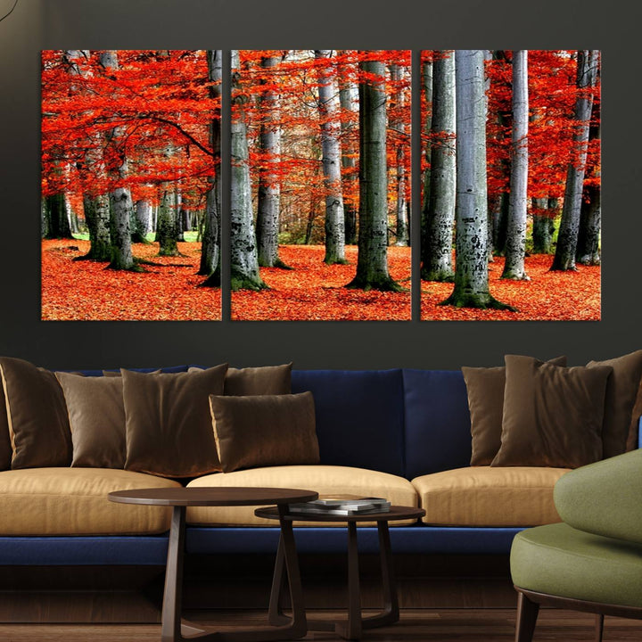 Impression sur toile de paysage d'art mural, feuilles rouges sur des arbres sur fond rouge