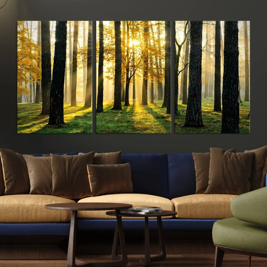 The living room is enhanced by the "Wall Art Landscape Canvas Print Tall Trees in Forest at Sunset" on museum-quality canvas. This triptych, complete with a UV-protective coating, is ready to hang and adds an artistic touch to the space.