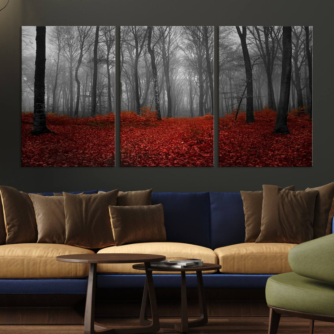 Impression sur toile de paysage d'art mural, forêt merveilleuse avec des feuilles rouges au sol