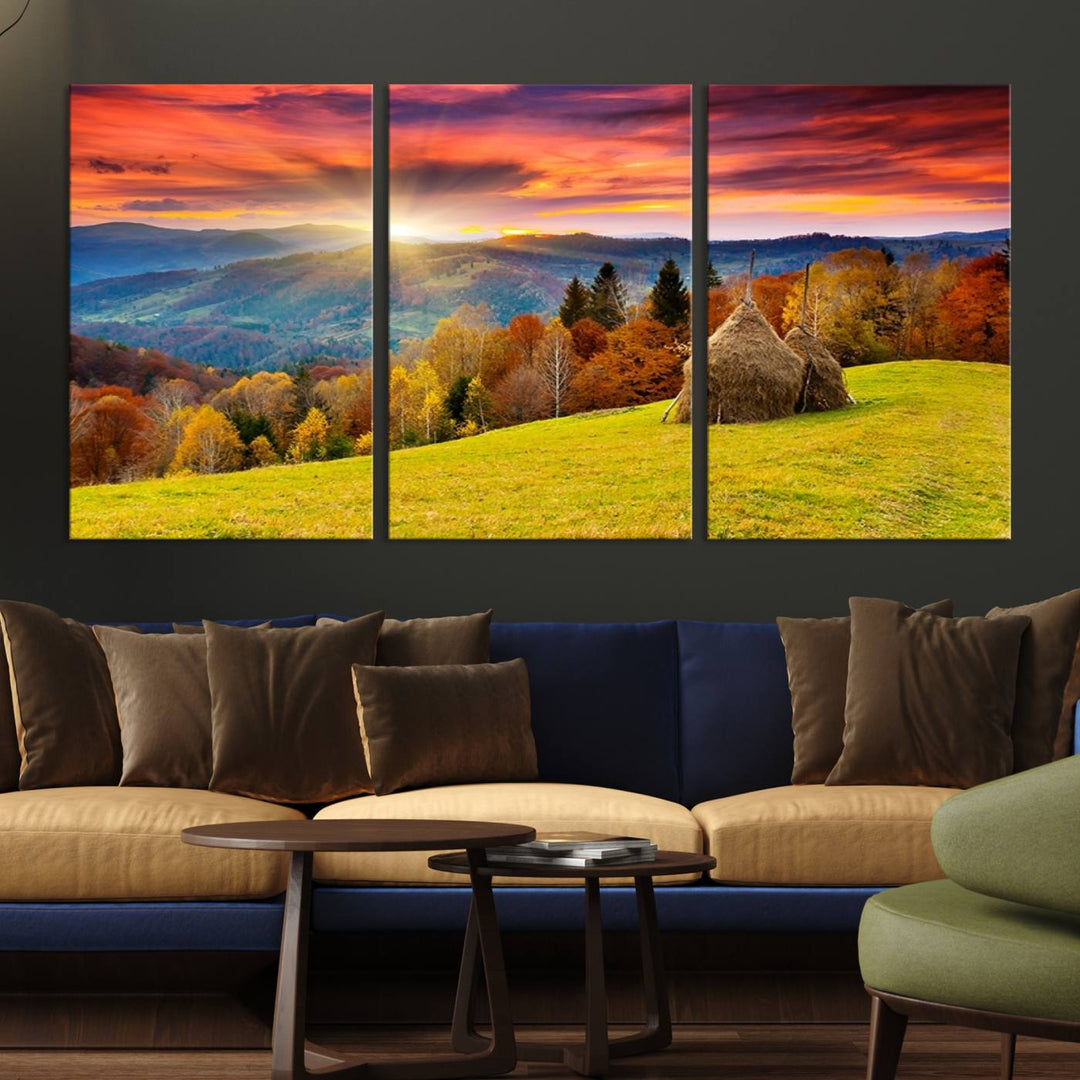 Impression sur toile de paysage d'art mural, tous les tons de vert au coucher du soleil