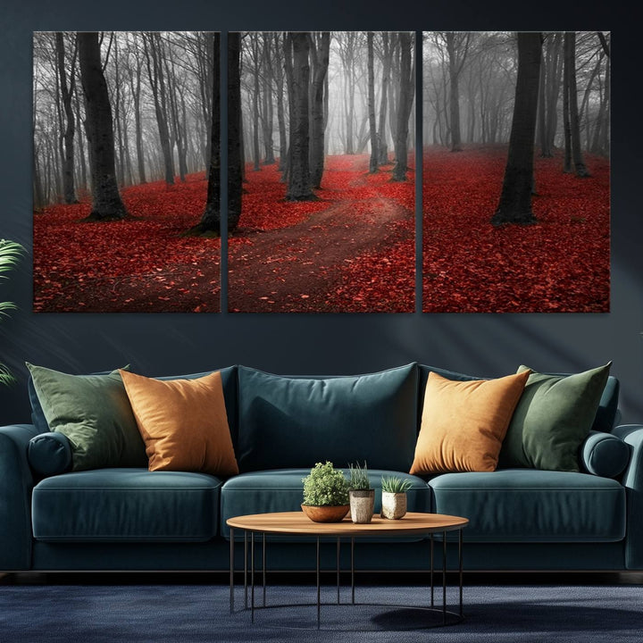 Wonderful Forest artwork: Triptych with red leaves, ideal for nature lovers.