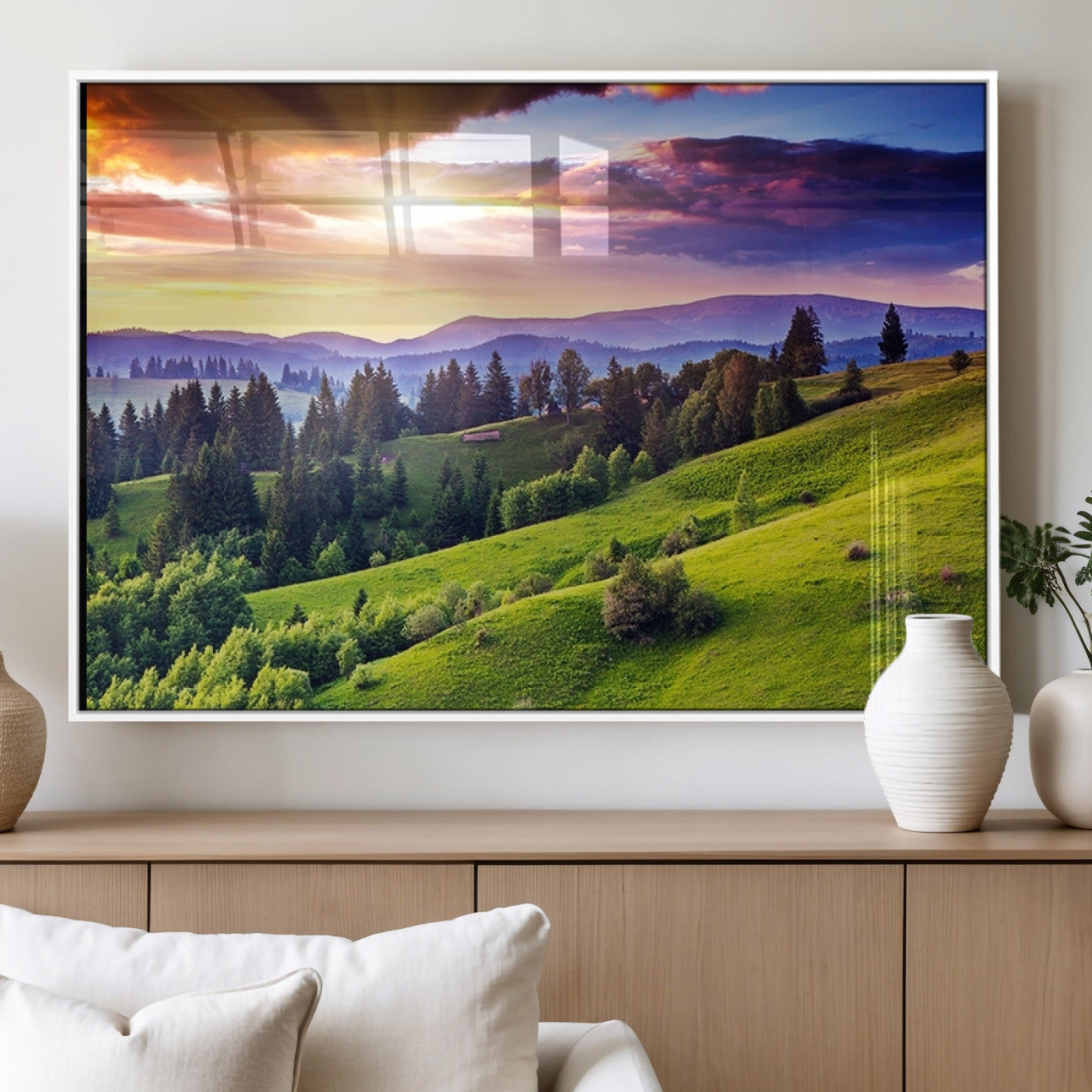 MGV-FP-36X24-3P - Green Hills and Sunset Wall Art Print - Scenic Landscape with Lush Greenery and Vibrant Sky, Ready