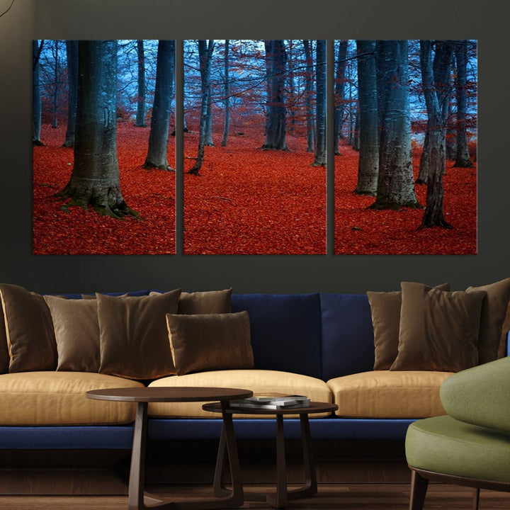 Impression sur toile de paysage d'art mural, feuilles rouges dans la forêt bleue