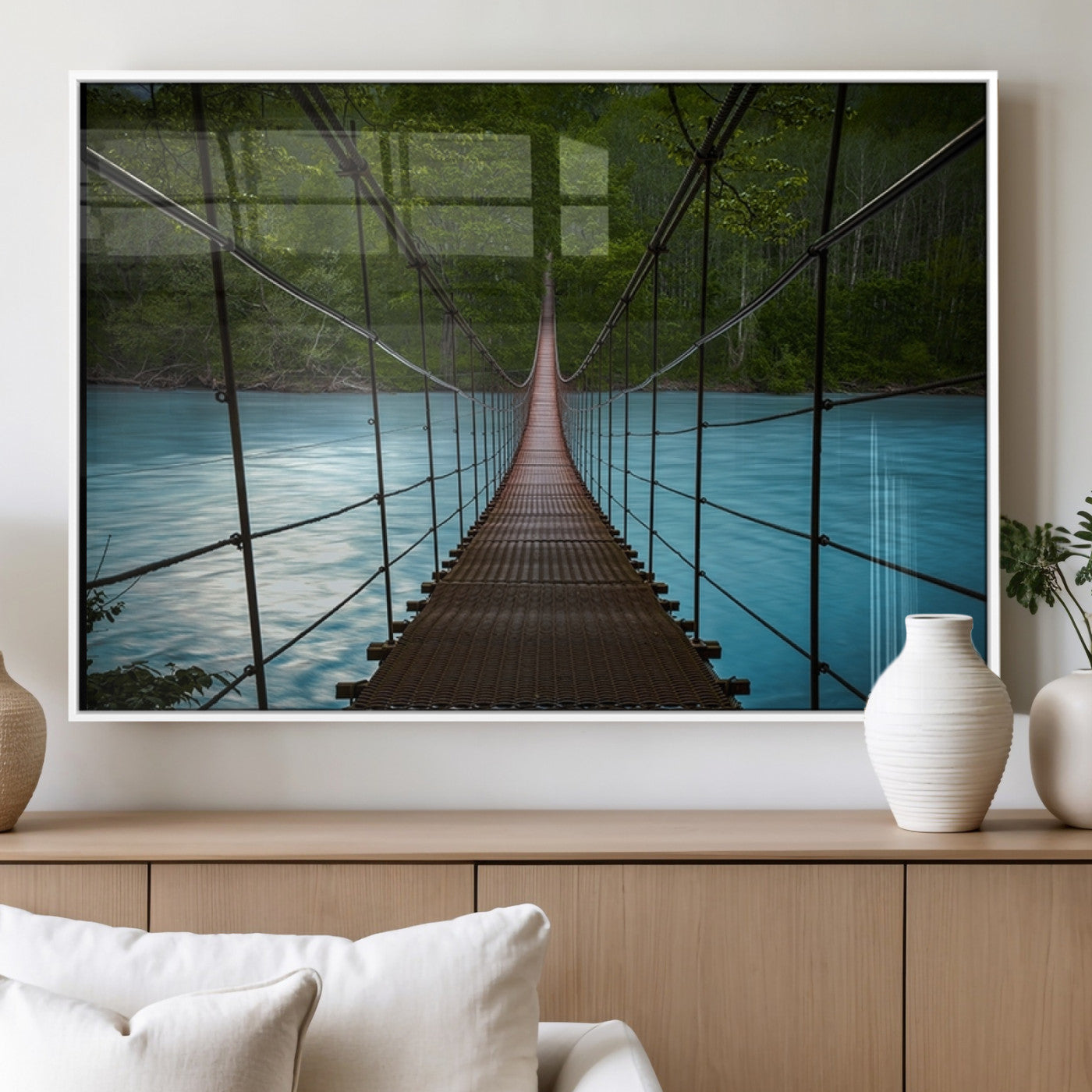 70229-MGV-FP-60X30-3P_White-Suspension Bridge Over River Canvas Art | 3-Panel Nature Photography | Scenic Wall Art for Living