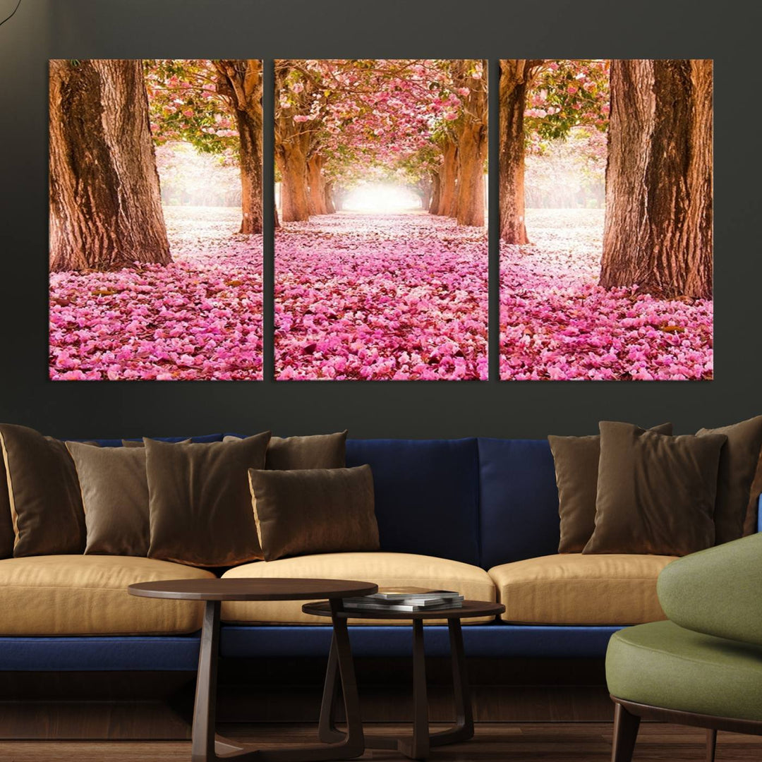 Blossom Cherry Canvas Print Walking on Pink Flowers Between Trees