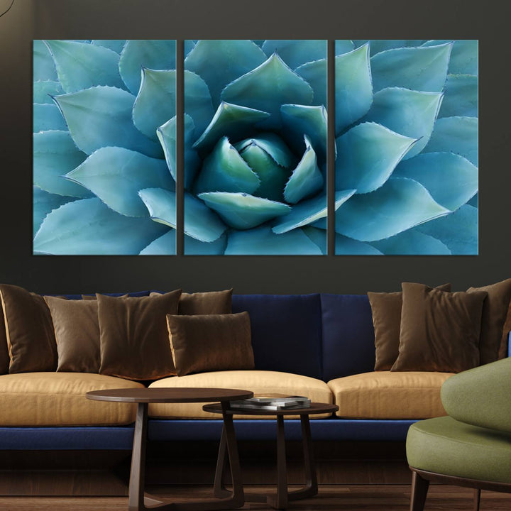 A stunning Large Agave Succulent Canvas Wall Art, a botanical close-up print perfect for modern living rooms, hangs prominently.