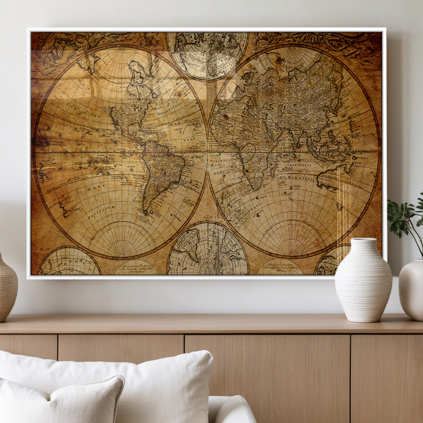 25517-MGV-FP-36X24 - Vintage World Map Canvas Print – Antique Push Pin Travel Map, Framed Wall Art for Home or Office Decor