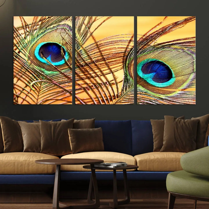 The Peacock Feather Wall Art Print, showcasing a vibrant green, blue, and orange feather design and ready to hang, adorns the space.