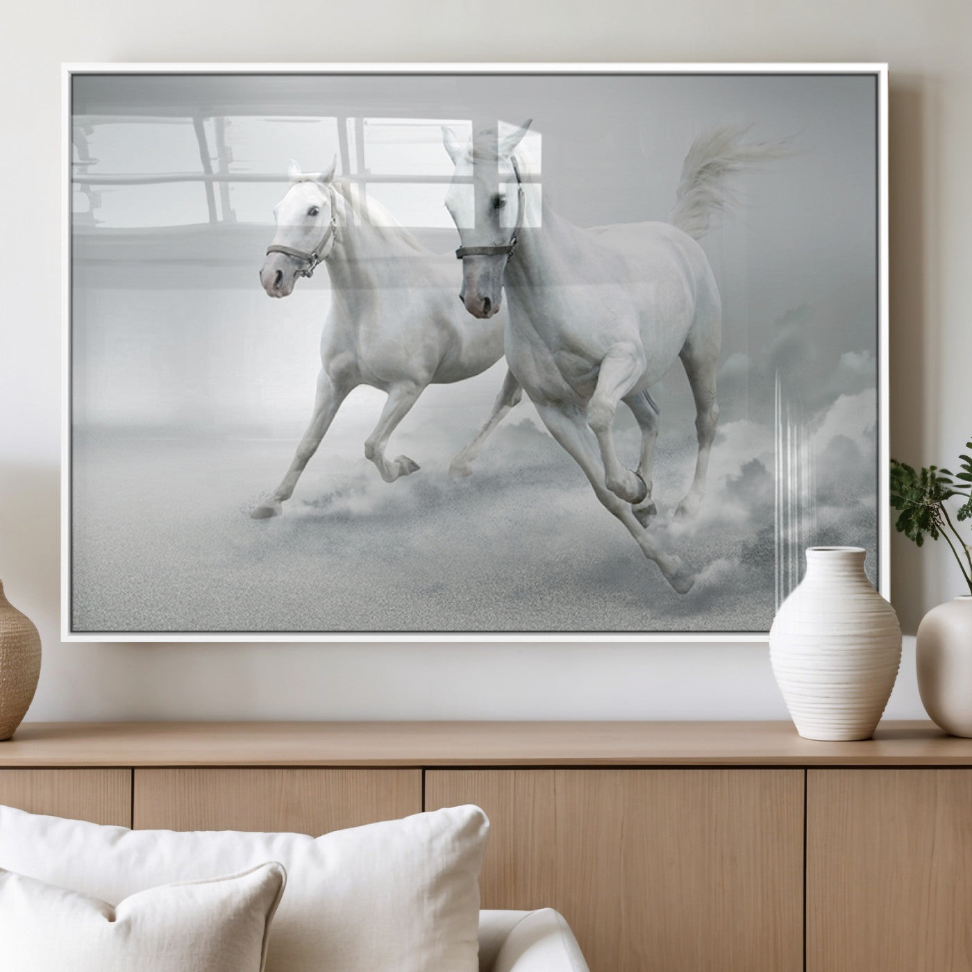 MGV-FP-60X30-3P - Large Wall Art Animal Canvas Print - Beautiful Running White Horses