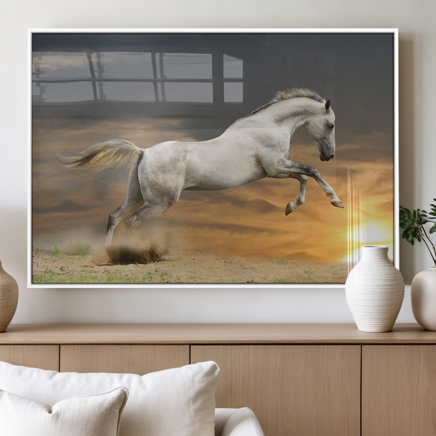 MGV-FP-60X30-3P - Large Wall Art Animal Canvas Print - White Jumping Horse at Sunset