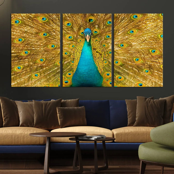 The Peacock Wall Art Canvas Print, featuring a vibrant triptych design of a peacock with intricate feather details and printed on museum-quality canvas with UV-protective coating, brings an artistic flair to the elegant space. Ready to hang, it enhances the modern living room with its striking presence.