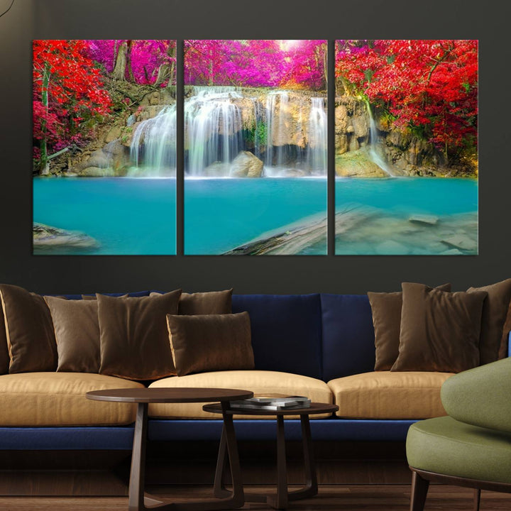 Wall Art Waterfall Landscape with Pink and Red Flowers in Forest Canvas Print