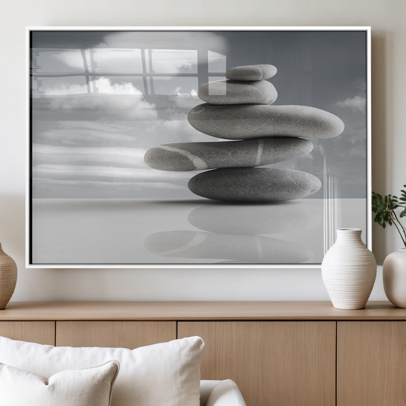 MGV-FP-60X30-3P - Still Life Black and White Zen Stones Wall Art Canvas, Framed Black and White Zen Stones Canvas
