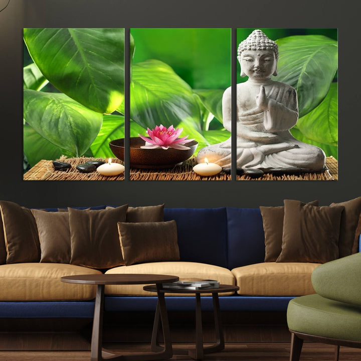 A tranquil room showcases a triptych of green leaves on museum-quality canvases, each piece readily available to hang.