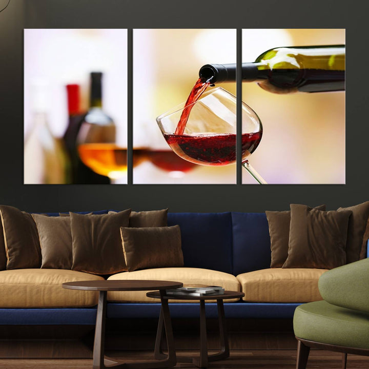 The Filling Red Wine into Glass Red Wine Canvas Print showcases a wine bottle pouring red wine into a glass. This scene, captured on museum-quality canvas, promises timeless elegance and comes with free shipping for effortless delivery to your doorstep.