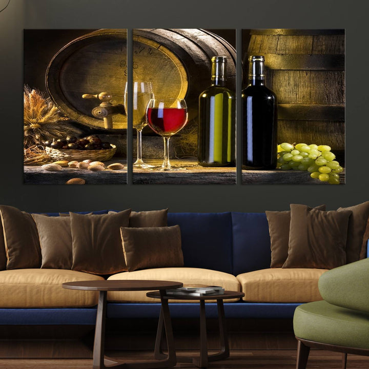 Explore the "Wall Art Red and White Wine with Bottles and Tun Canvas Print," a triptych on gallery-wrapped, museum-quality canvas. Featuring a wine barrel, bottles, and a glass of red wine, it includes a UV-protective coating for lasting vibrancy.