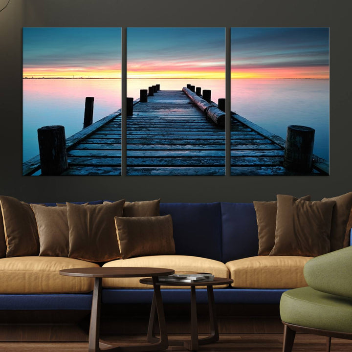 Wall Art Vintage Wooden Pier on Sea at Sunset Canvas Print