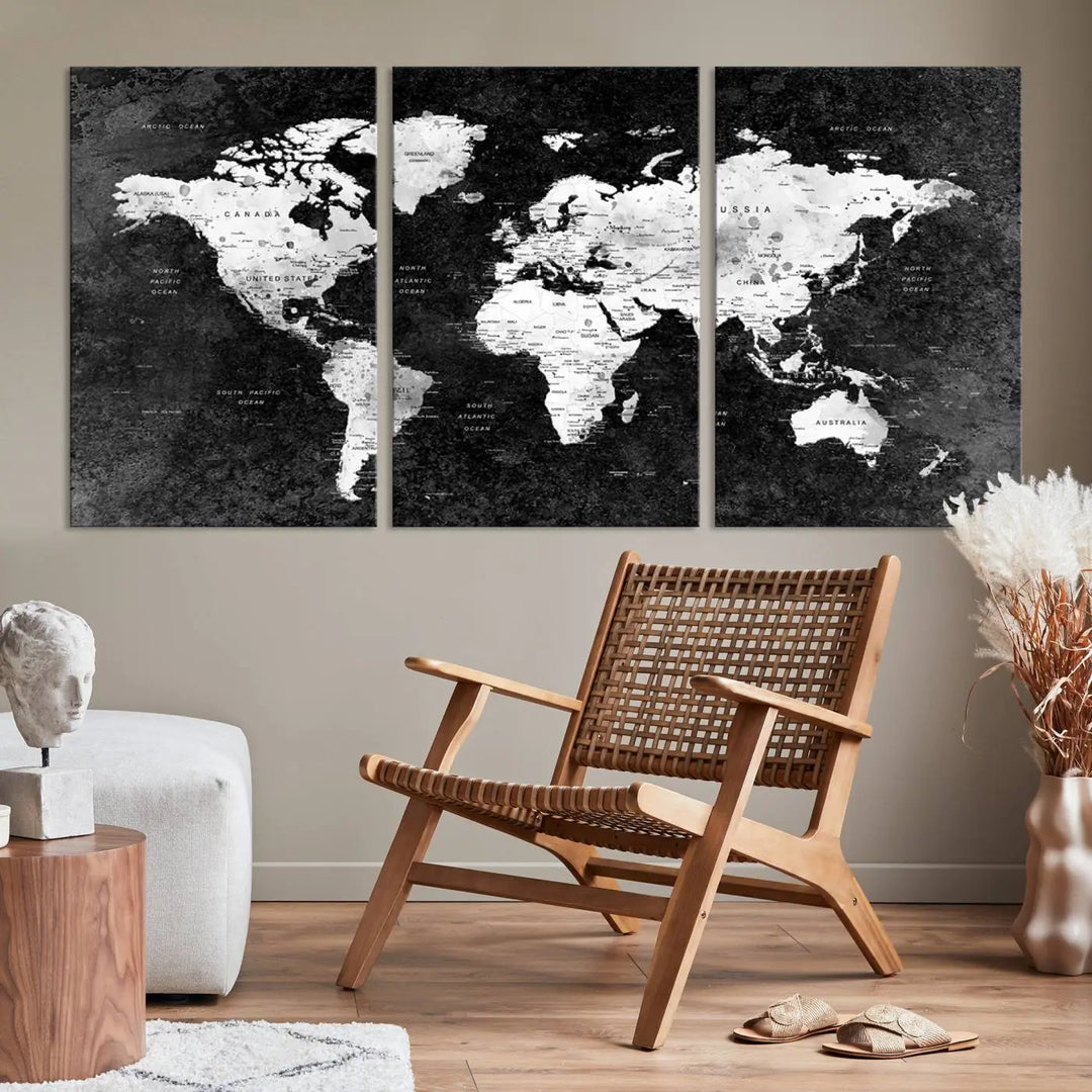 Modern Grayscale World Map 3-Panel Canvas Art | Ready to Hang, Framed | Stylish Minimalist Wall Décor for Home, Office, Living Room, or Study Spaces 