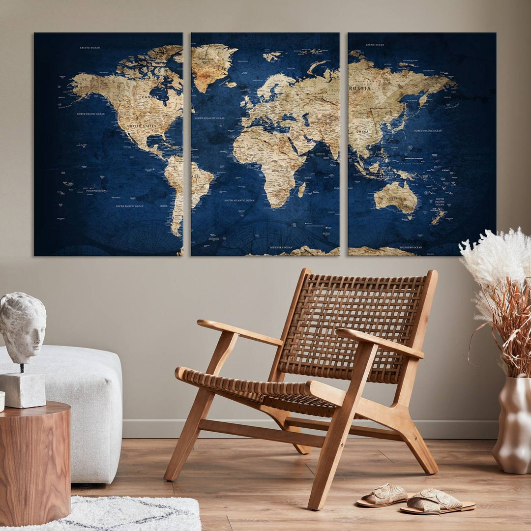 A triptych canvas print titled "Vintage Blue World Map Canvas Print - Classic World Map Design on Deep Blue Wall Art Print" adorns the wall, enhancing the decor with its antique style.