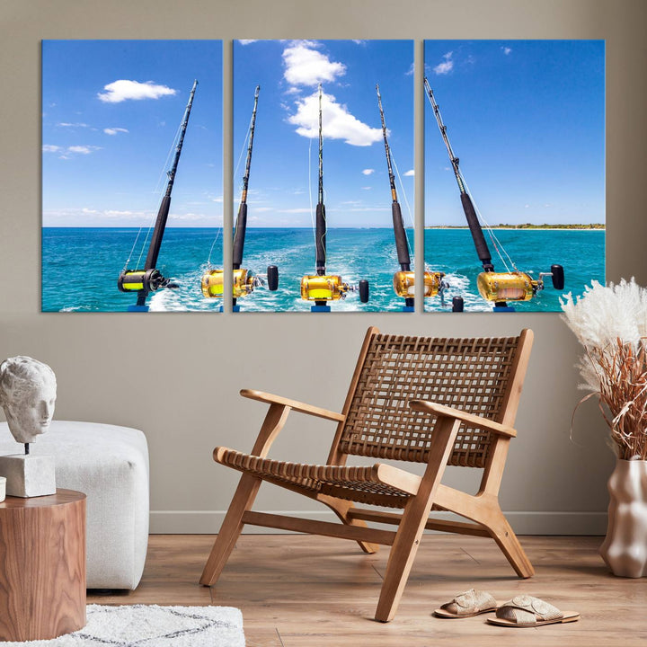 Fishing Roads on Boat Canvas Wall Art Print Ocean Seascape Art Print